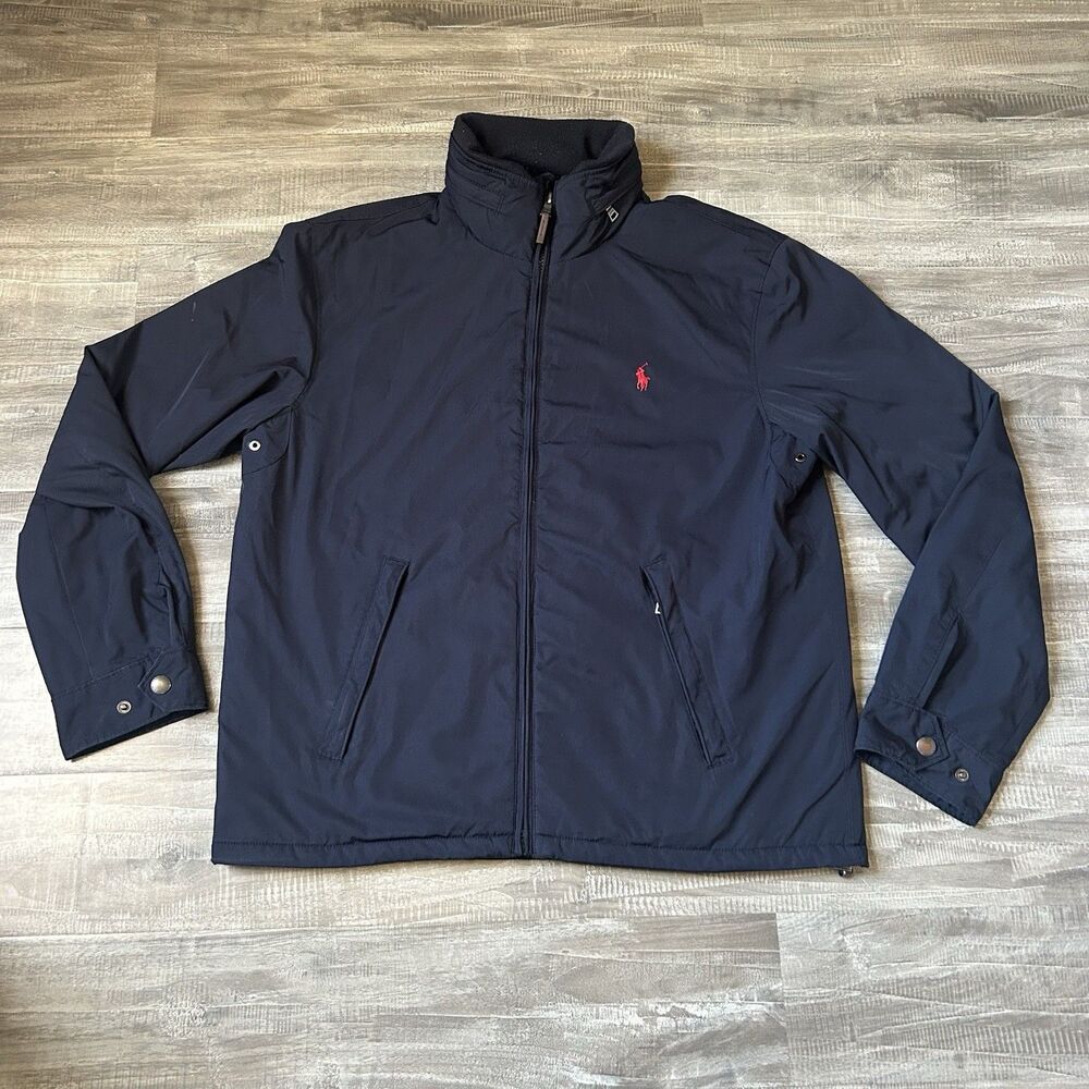 Polo Ralph Lauren Jacket Mens M Navy Blue Packable Hood Fleece Lined Full Zip